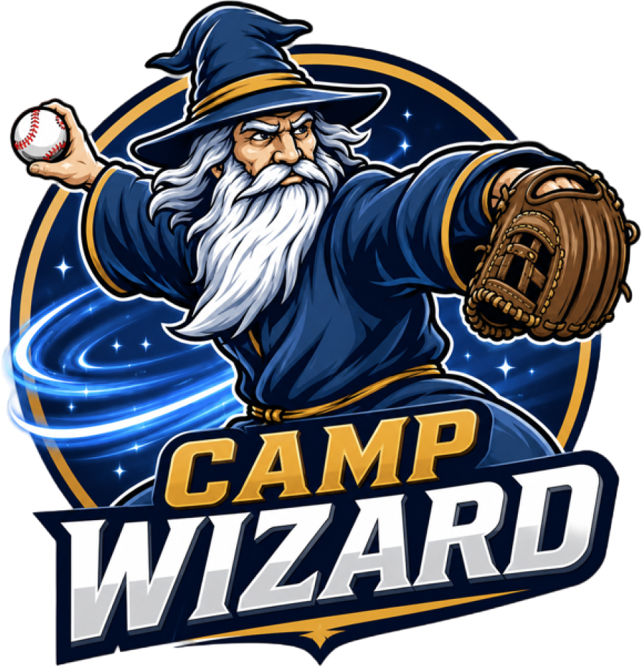 Wizard baseball mascot with Camp Wizard logo