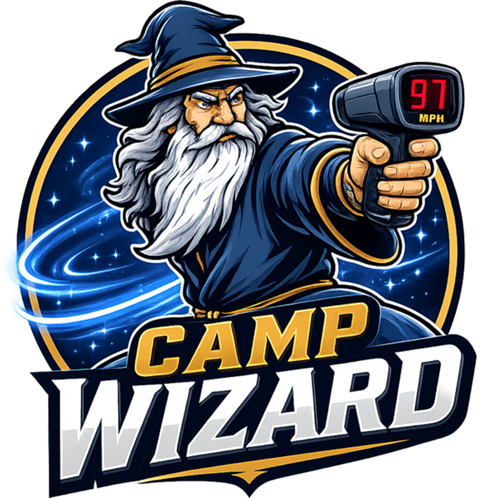 Wizard pointing radar gun, "Camp Wizard" logo