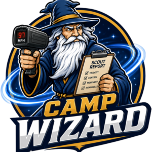 Wizard mascot holding radar gun and clipboard