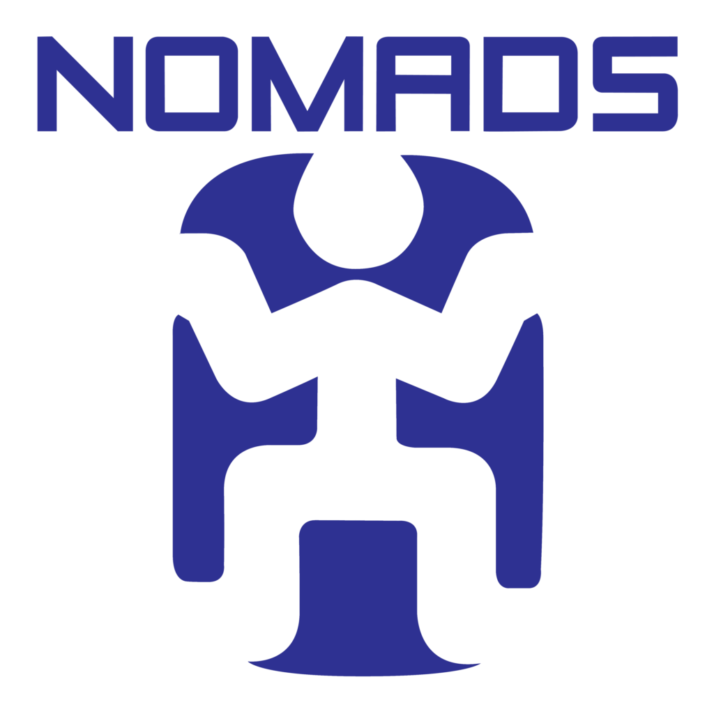 Blue NOMADS logo with abstract mask emblem